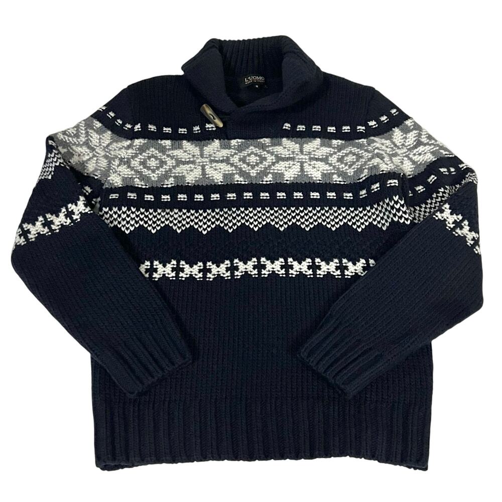 Vintage L’uomo Sweater Mens Small Blue Wool Blend Nordic Fair Isle Shawl Collar